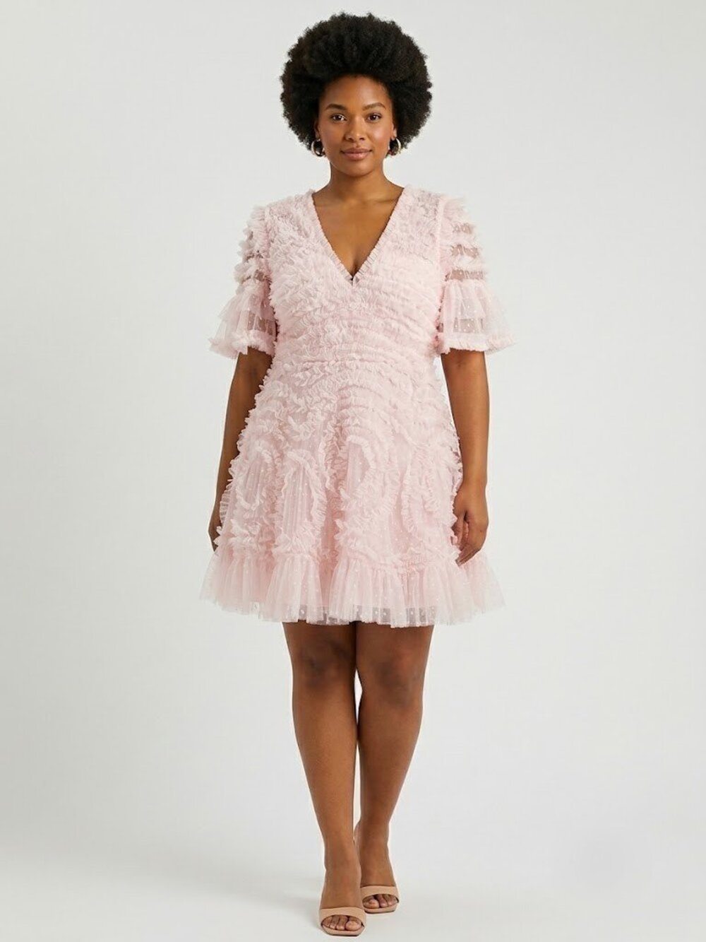 NWT Needle & Thread Verity in Blush Pink Tulle Ruffle V-neck Micro Mini Dress 12